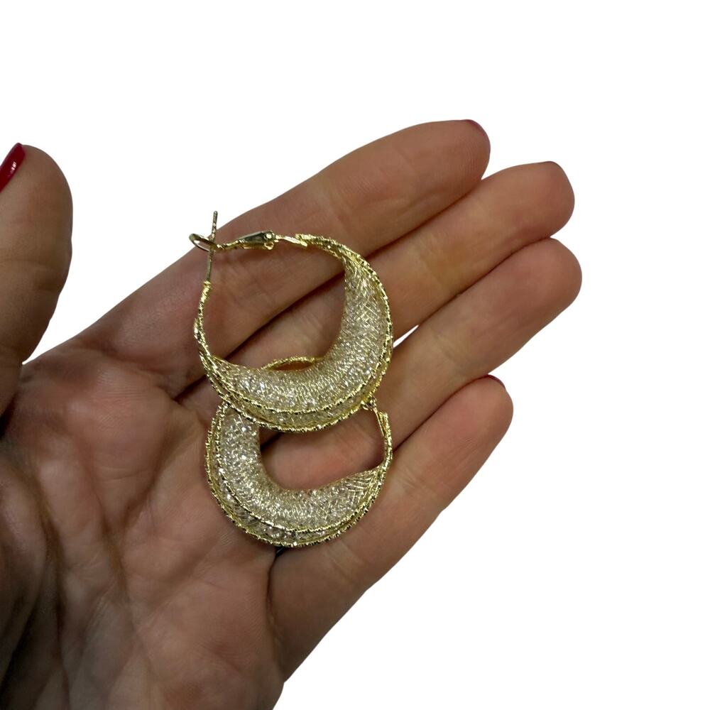 Gold-Tone Textured Hoop Earrings – Layered Mesh Design